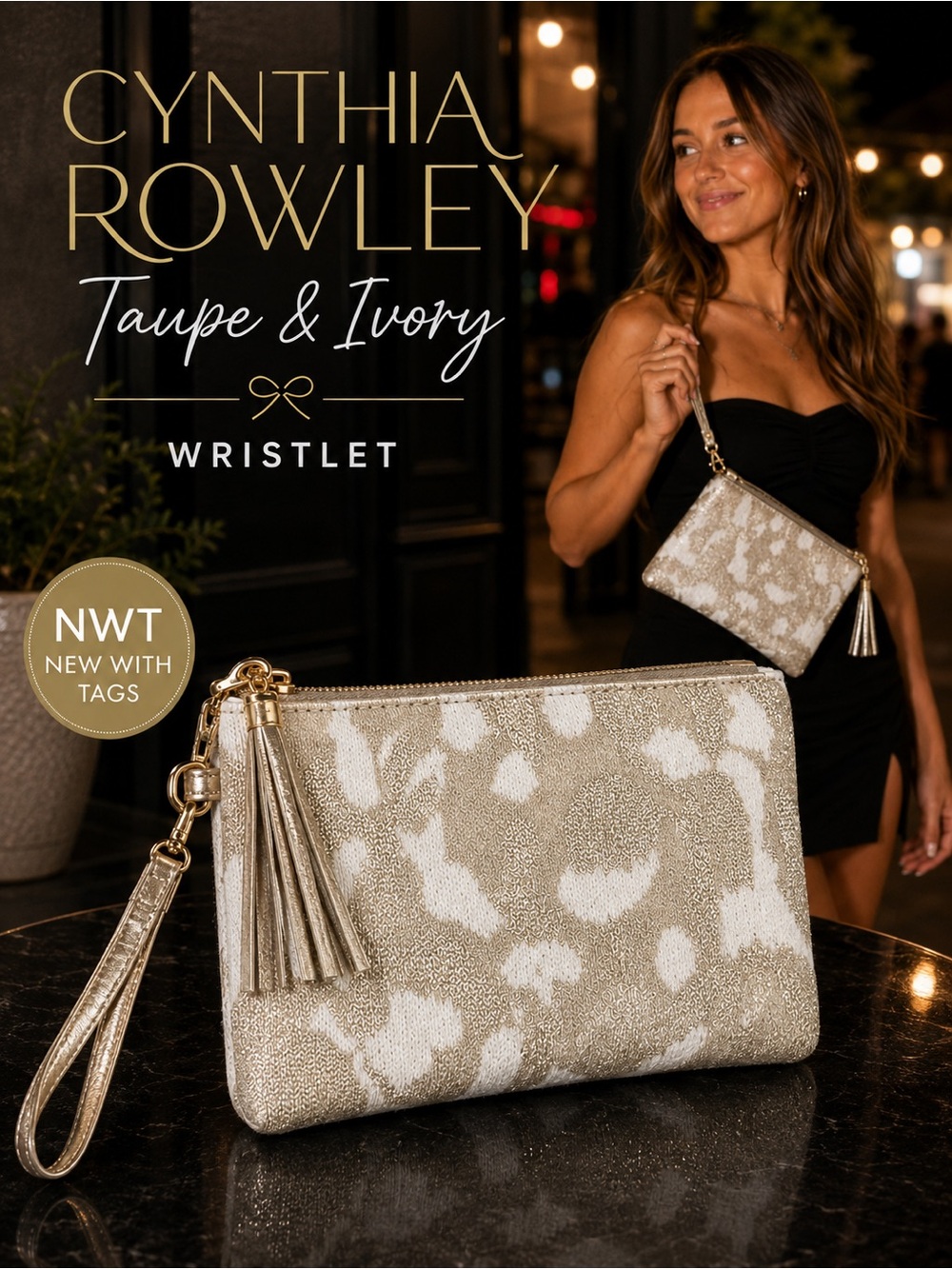 NWT Cynthia Rowley Taupe Ivory Metallic Sweater Knit Wristlet Clutch with Tassel